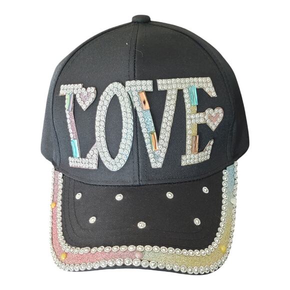 LOVE Baseball Cap with Rhinestone Embellishments Adjustable Strap Back Black - Picture 1 of 6